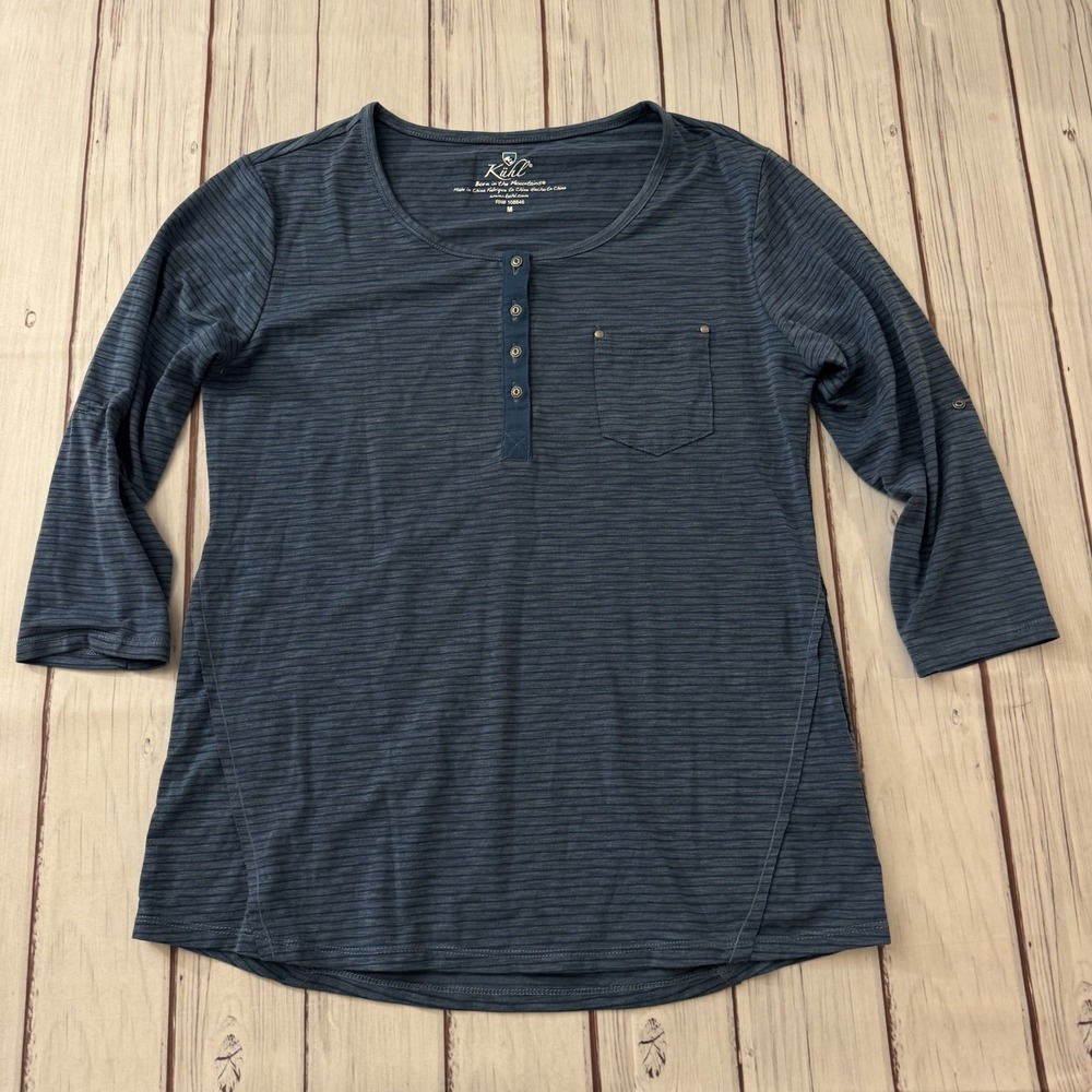 Kuhl Women's Blue/Gray Striped Henley 3/4 Roll Up Sleeve Top M Stretch Casual